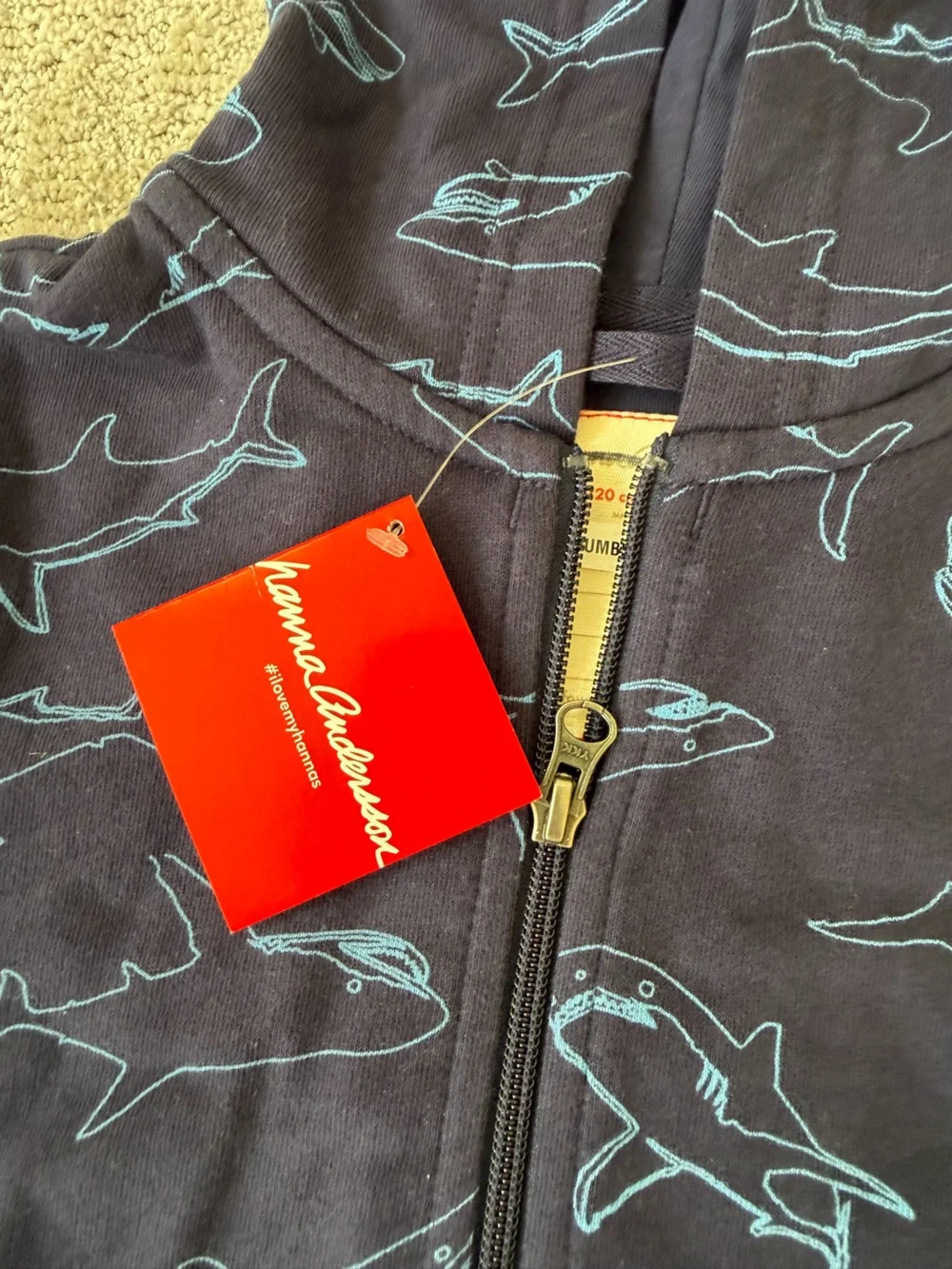 NWT Hanna Andersson Jersey Lined Hoodie in French Terry in Navy Shark 6-7 Years